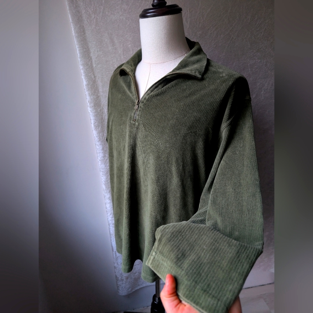 Olive Corduroy Soft V Neck Zip Men's XL
